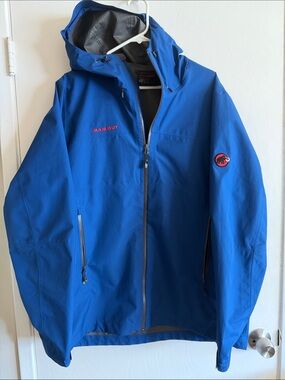 Mammut Men's Blue Rain Jacket with Red Logo